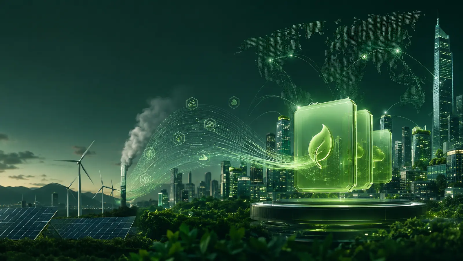 Sustainable city connected to transparent digital carbon credits